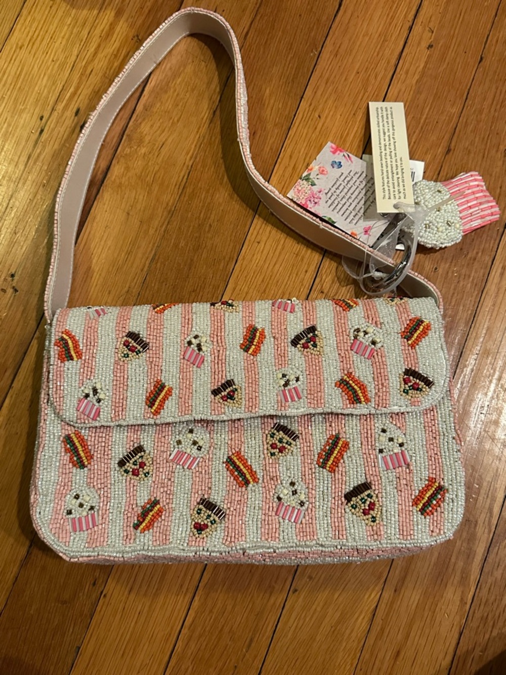 Beaded Pink Stripe Shoulder Bag with Cupcake/Pizza/Burger Motif NWT